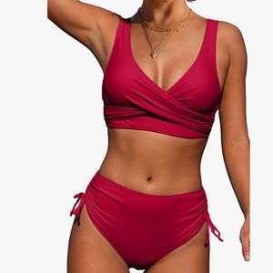 Red  High Waisted Bikini Twist Front Tie Back 2 Piece Swimsuit Sz M